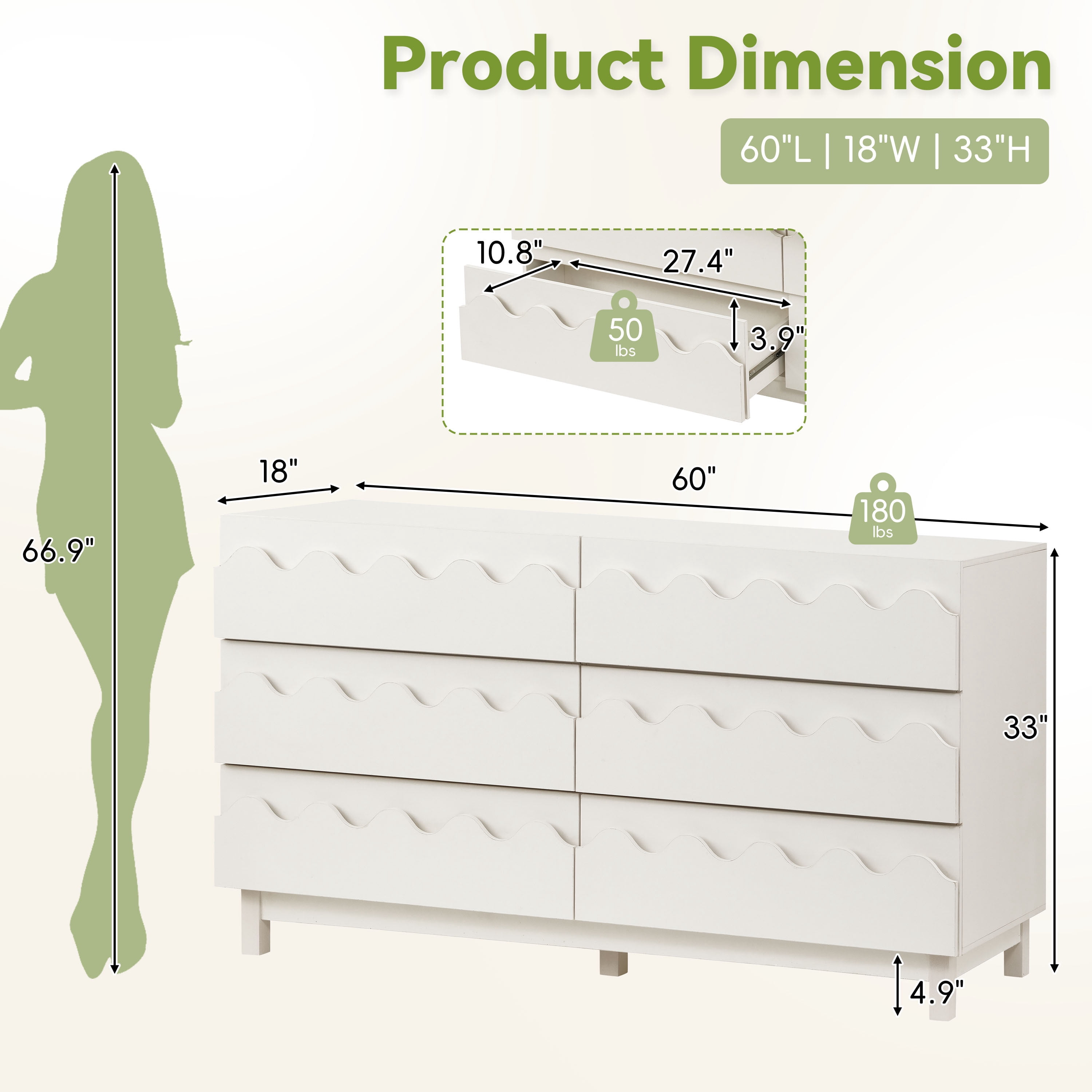 Alvantor 6 Drawer Dresser, 60" Wide Wooden Chest of Drawers, Fluted Dresser for Bedroom Ivory