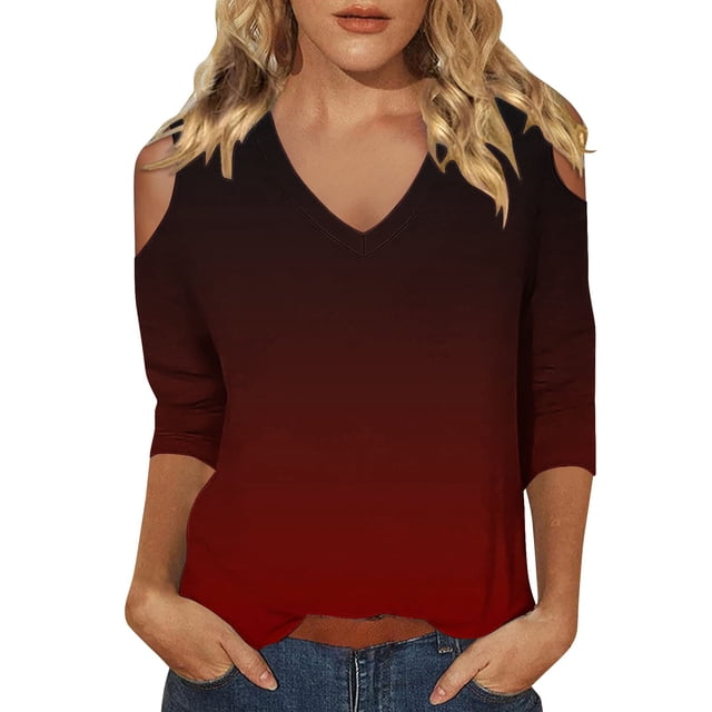 WZXFASHION Hauts pour Femmes à Manches 3/4 2025 Printemps Col Décontracté Tunique Imprimée T-Shirts à Manches Trois Quarts Hauts pour Femmes à 50 % de Rabais Liquidation T-shirt à Manches Longues pour Femme