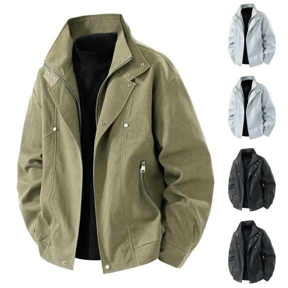 RYDCOT Men's Solid Color Long Sleeved Outdoor Shirts Jacket Lapel Zipper Cardigan Workwear Jacket White XL(XL)