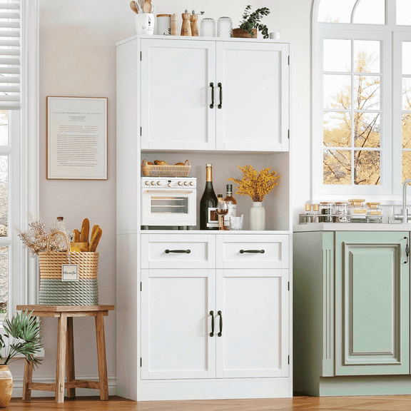Homfa 71" Tall Kitchen Pantry Storage Cabinets with Microwave Stand, 2 Drawer Hutch Cabinet for Dining Room, White