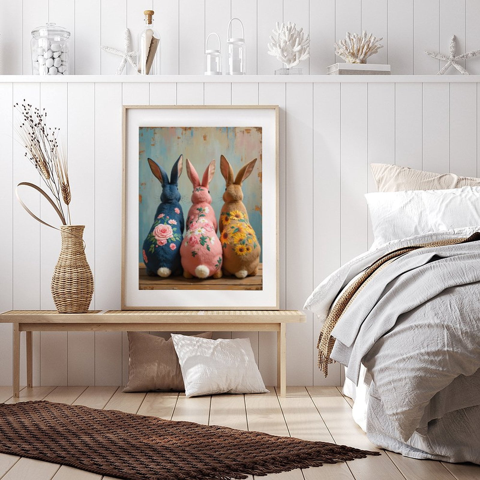 Diamond Art Kit for Adults, Floral Bunnies Art Canvas Trio Diamond Painting for Adults Beginners, 5D DIY Diamond Art Painting Kits, Colorful Diamond Painting Craft for Home Decor 12x16