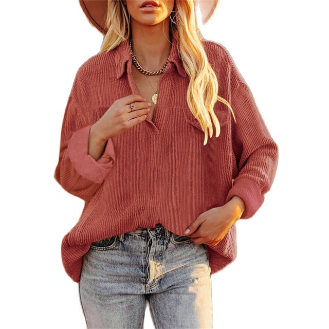 Camisa informal de pana para mujer, blusa holgada de manga larga a la moda, color rojo, para primavera y otoño, 2021