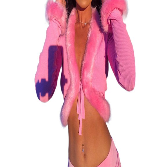 Gureui Women's Sexy Tie-up Fluffy Knitted Crop Tops, Sexy Solid Color Long Sleeve V Neck Faux Fur Trim Blouse Cardigan E-Girl 90s Streetwear