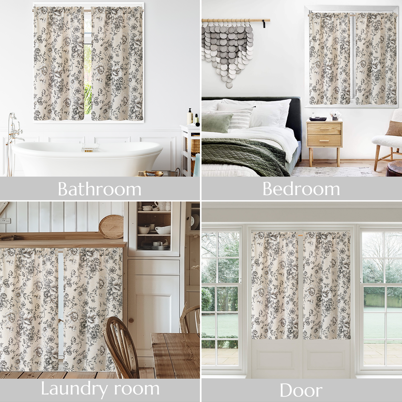 Curtainking Linen Kitchen Curtains Floral Cafe Curtains 26x45 inch Farmhouse Cafe Curtains for Living Room 2 Panels Black