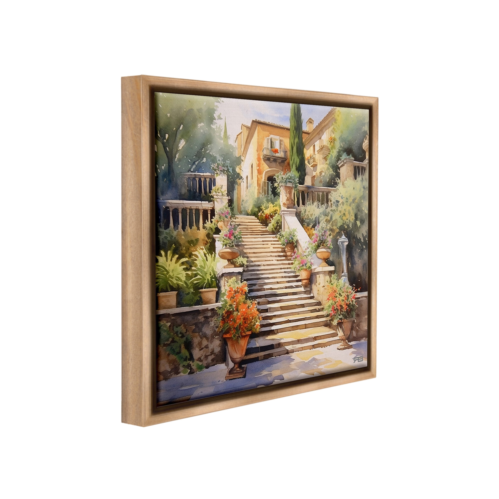 Stupell Industries Stairs to European Villa Botanical & Floral Painting Brown Floater Framed Canvas Art Print Wall Art, 25 x 25