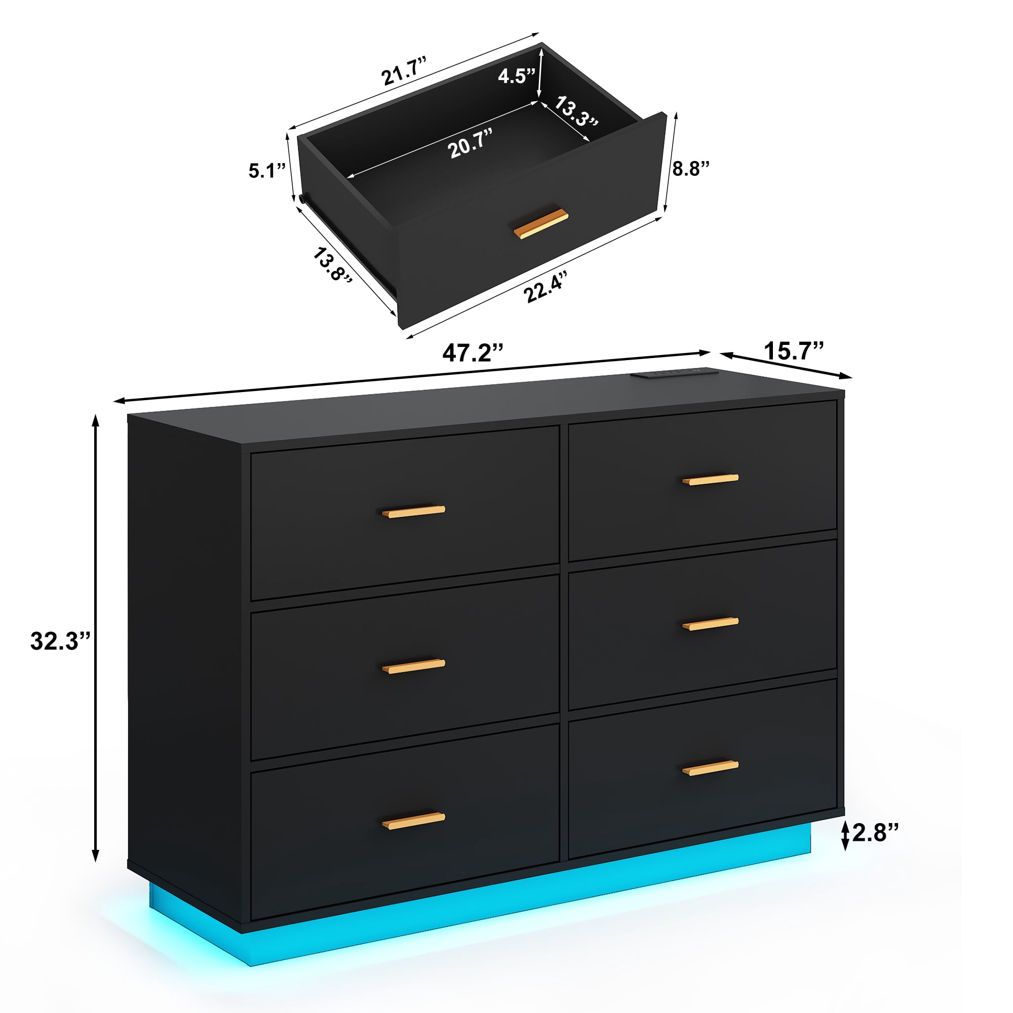 ChVans 6 Drawer Dressers with 60000-color LED Lights & Power Outlet, 47'' Modern Chest of Drawers for Closet, Wide Drawer Organizer Cabinet for Bedroom, Living Room, Entryway, Hallway