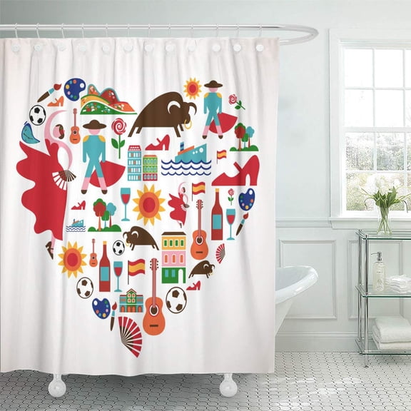 CYNLON Spanish Spain Love Barcelona Travel Icon Flamenco Madrid Guitar Bullfight Bathroom Decor Bath Shower Curtain 66x72 inch