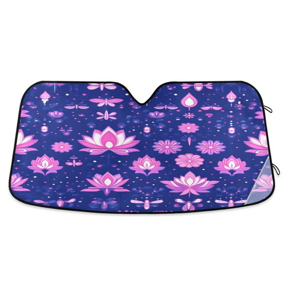 Lotus Flowers and Dragonfly Car Sunshade 53x23.5in Windshield Sunscreen 4 Suction Cups Aluminum Foil Quick Fold