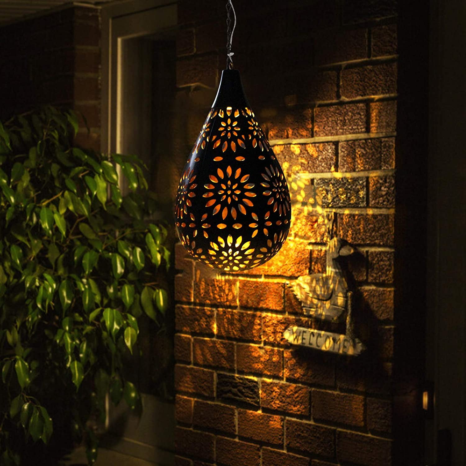 Hanging Solar Lantern Iron Rustic Outdoor Lights Porch Pergolas Trees Home Decor 