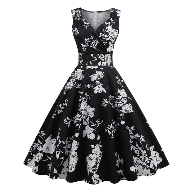 WILLBEST Vestidos con Curvas para Mujer Vestido Vintage con Cuello En V y Estampado Sexy sin Mangas para Cena Formal Mediana