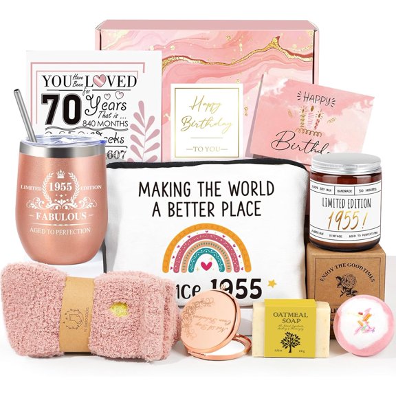 70th Birthday Gifts for Women, 70th Birthday Ideas, Gifts for 70 Year Old Woman, 1955 Birthday Gifts, Best Cool 9 in 1 Gifts for 70 Year Old Women, Mom, Aunt, Grandma, Vintage 1955 Gift Baskets