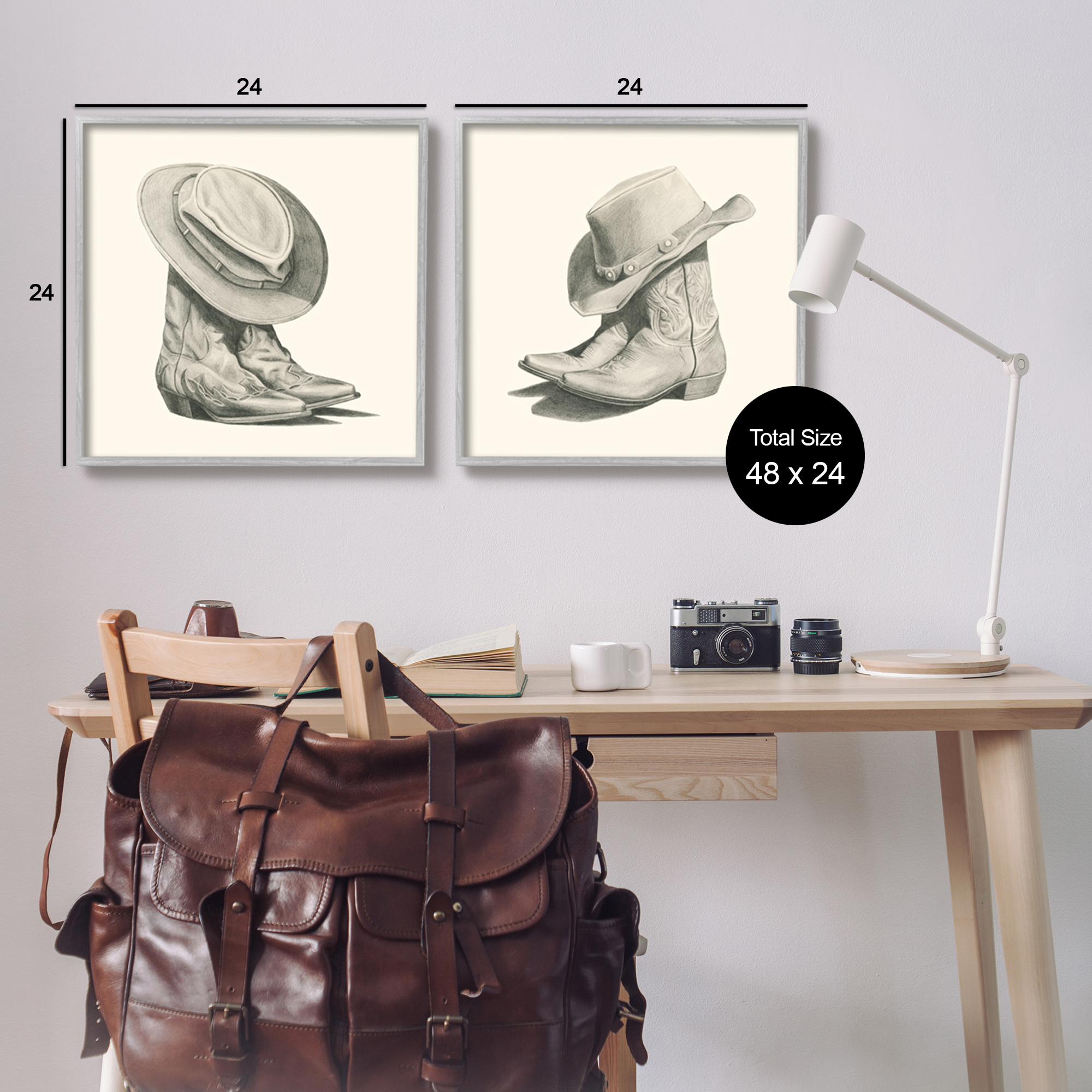 Stupell Industries Rustic Cowboy Boots Beauty & Fashion Drawing Gray Framed Art Print Wall Art, 24 x 24, Set of 2