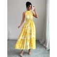 thumbnail image 6 of Yellow Watercolor Floral Print Halter Neck Smocked Waist A-Line Maxi Dress For Women, 6 of 6