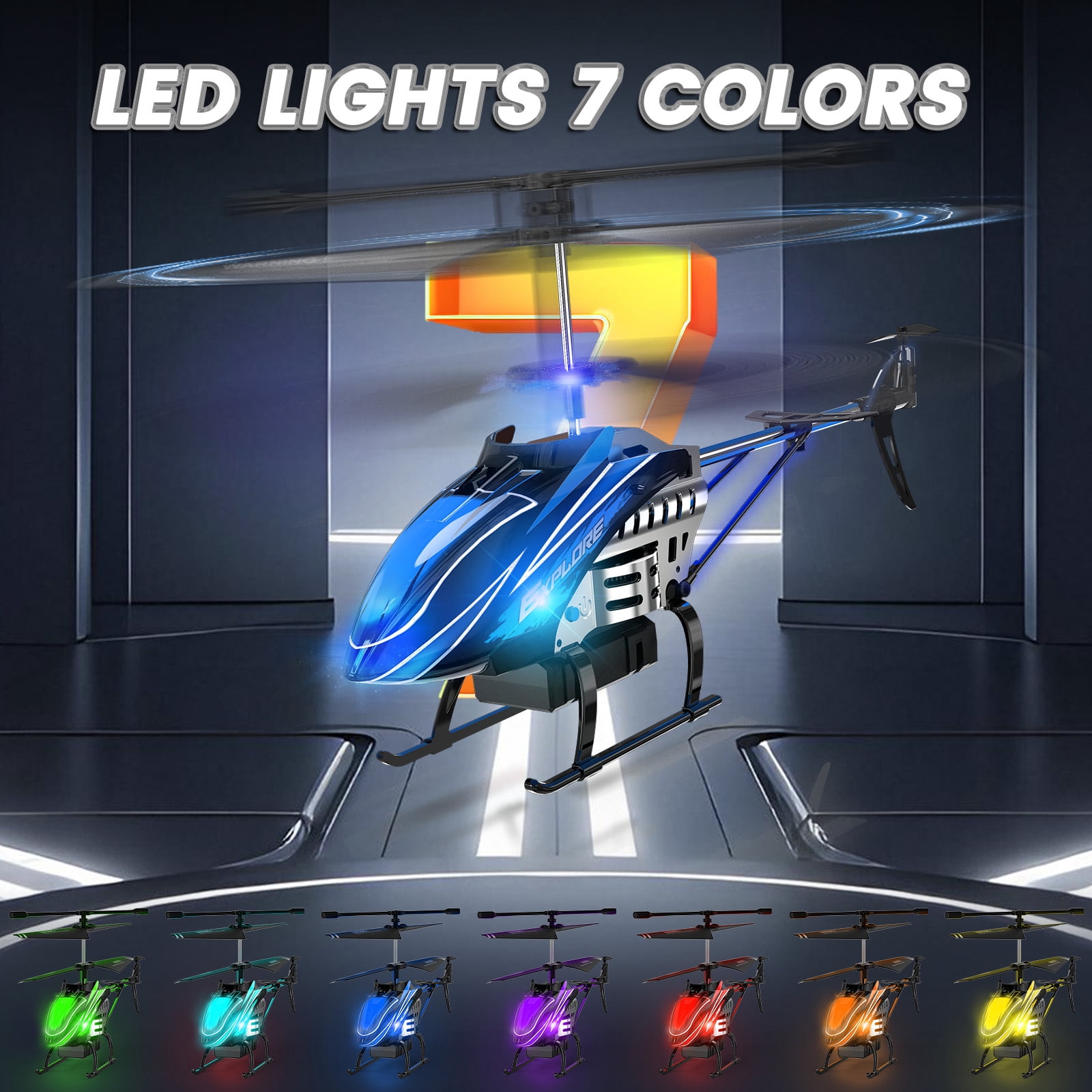 Wefone YK020 RC Helicopter for Kids with 3.5CH, 7 LED Light Modes, Altitude Hold, 2 Batteries, Blue