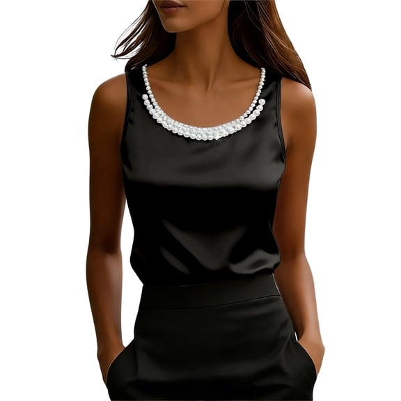 DHFJKG Women Silk Satin Tank Top Pearl Scoop Neck Summer Blouse Sleeveless Shirt Business Casual Dressy Outfit Vacation Clothes Versatile Tops