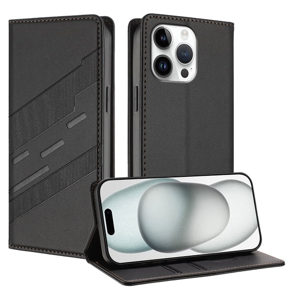for iPhone 15 Pro Max Wallet Case with 2 Card Slots & Cash Pocket, Premium PU Leather Classic Kickstand Full Body Protective Ultra Slim Shockproof Folio Flip Case for Women and Men, Black