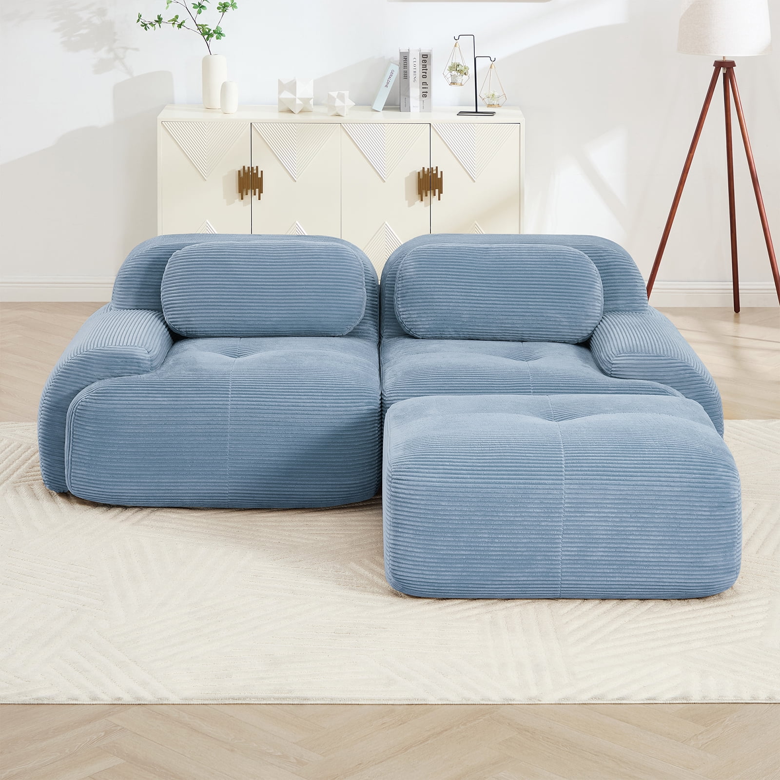80" Modern Compressed Boneless Love Seat Couches with 1 Ottoman, 2 Seater Large Sectional Couches for Living Room, Blue Corduroy Cloud Modular Sectional Sofa, Memory Foam, Deep Loveseat, No Assembly