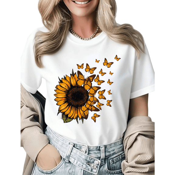 Summer Sunflower Butterfly Graphic Tees Womans T shirt Shirts Black White S-5XL Tops