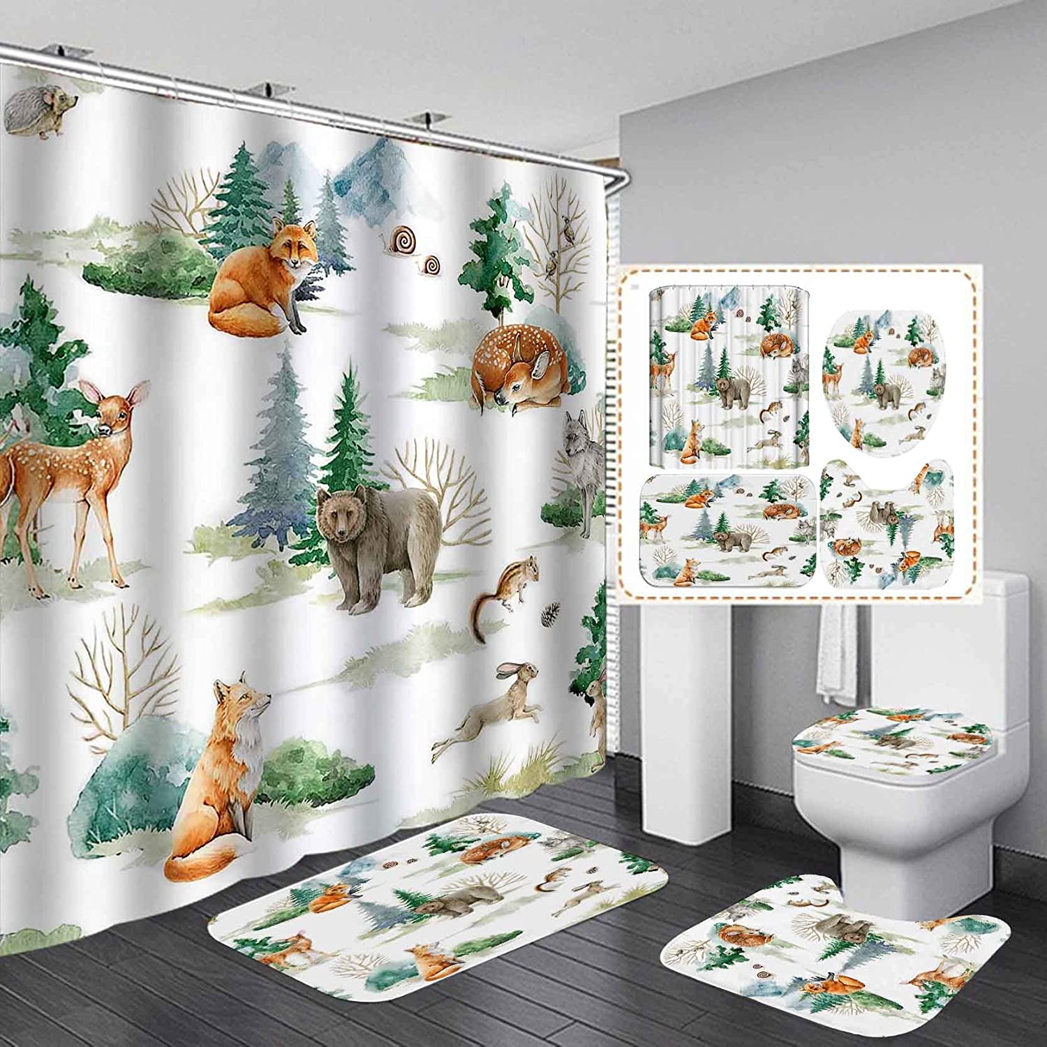 HTBUSC 4PCS Camo Shower Curtain Set Camouflage Black Flag Woodland Hunting Lodge Cabin Rustic