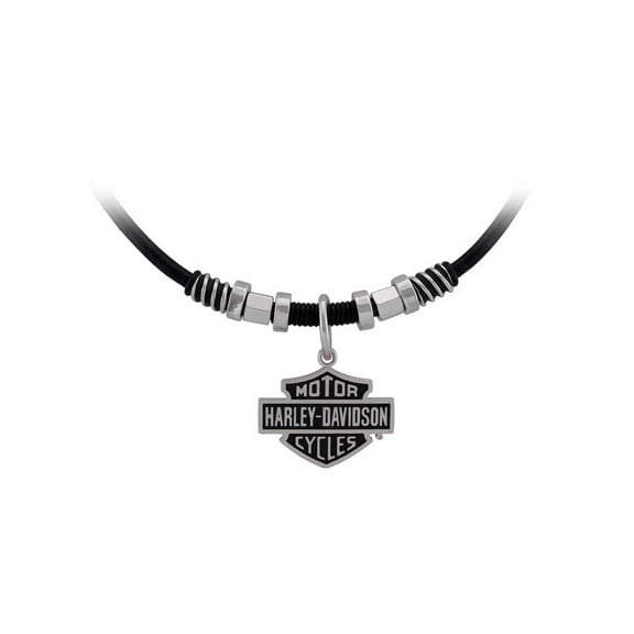 Harley-Davidson Men's Nut & Coil B&S Pendent Leather Necklace - Steel HSN0071-24, Harley Davidson