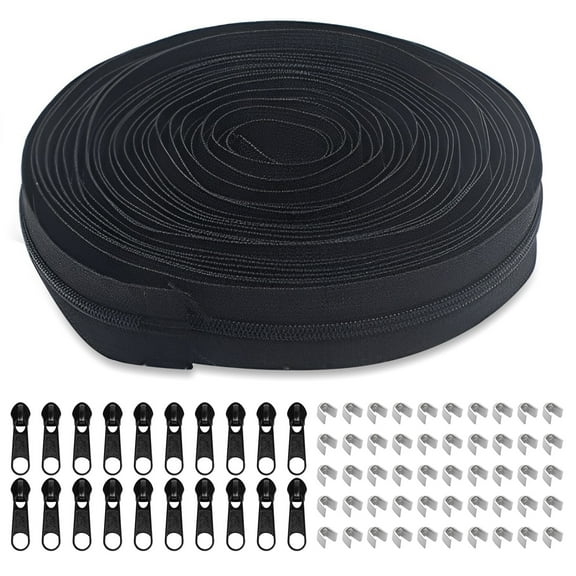 10 Meters #3 Nylon Coil Zippers with 20 Matching Zipper Sliders 40 Zipper Bottom Stops Replacement Sewing Zipper Roll for DIY Sewing Projects Sewing Supply Zippers for Sewing Black