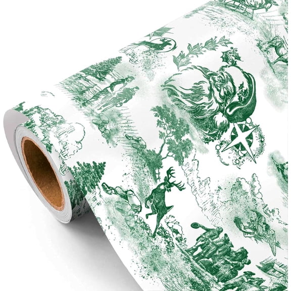 Vintage Christmas Wrapping Paper - 17 Inch x 23 Feet - Santa Toile de Jouy Green Christmas Wrapping Paper for Xmas Holiday, Party Celebration
