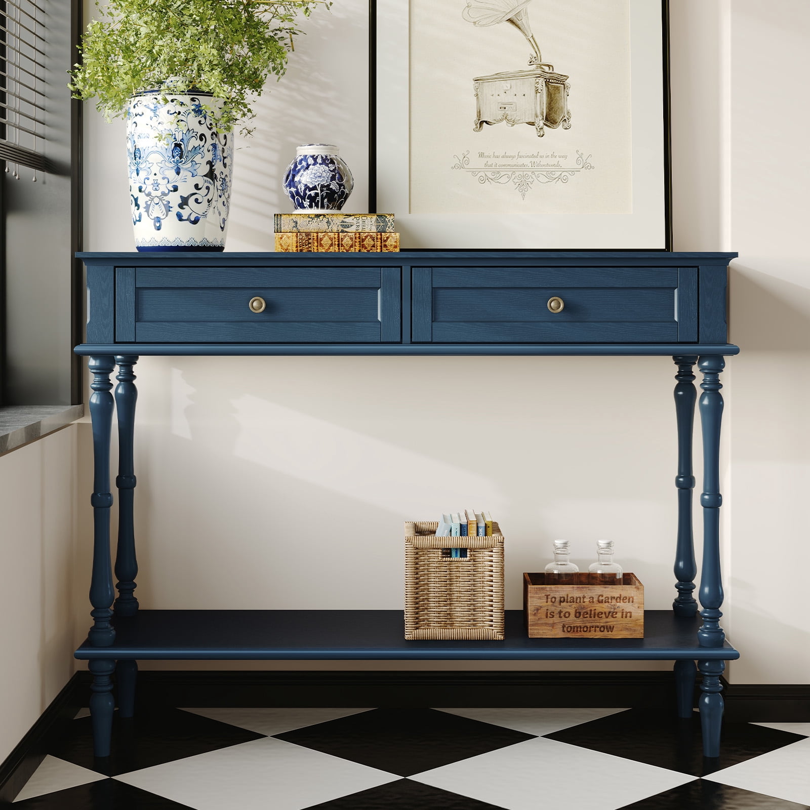 HLR 40" Modern Console Table, Assembled Entryway Table with 2 Drawers for Living Room, Blue