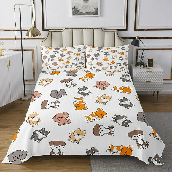 Erosebridal Funny Dogs Quilt Sets for Queen Size Bed, Corgi Pug Dachshund Bed Set, Pet Lovers Home Decor 3-Piece