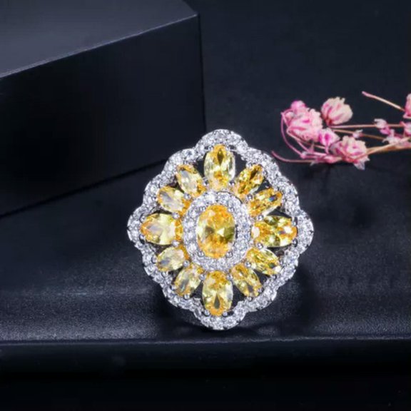 Women Crystal Flowers Ring Silver Plated Statement Ring Party CZ Jewelry Gift