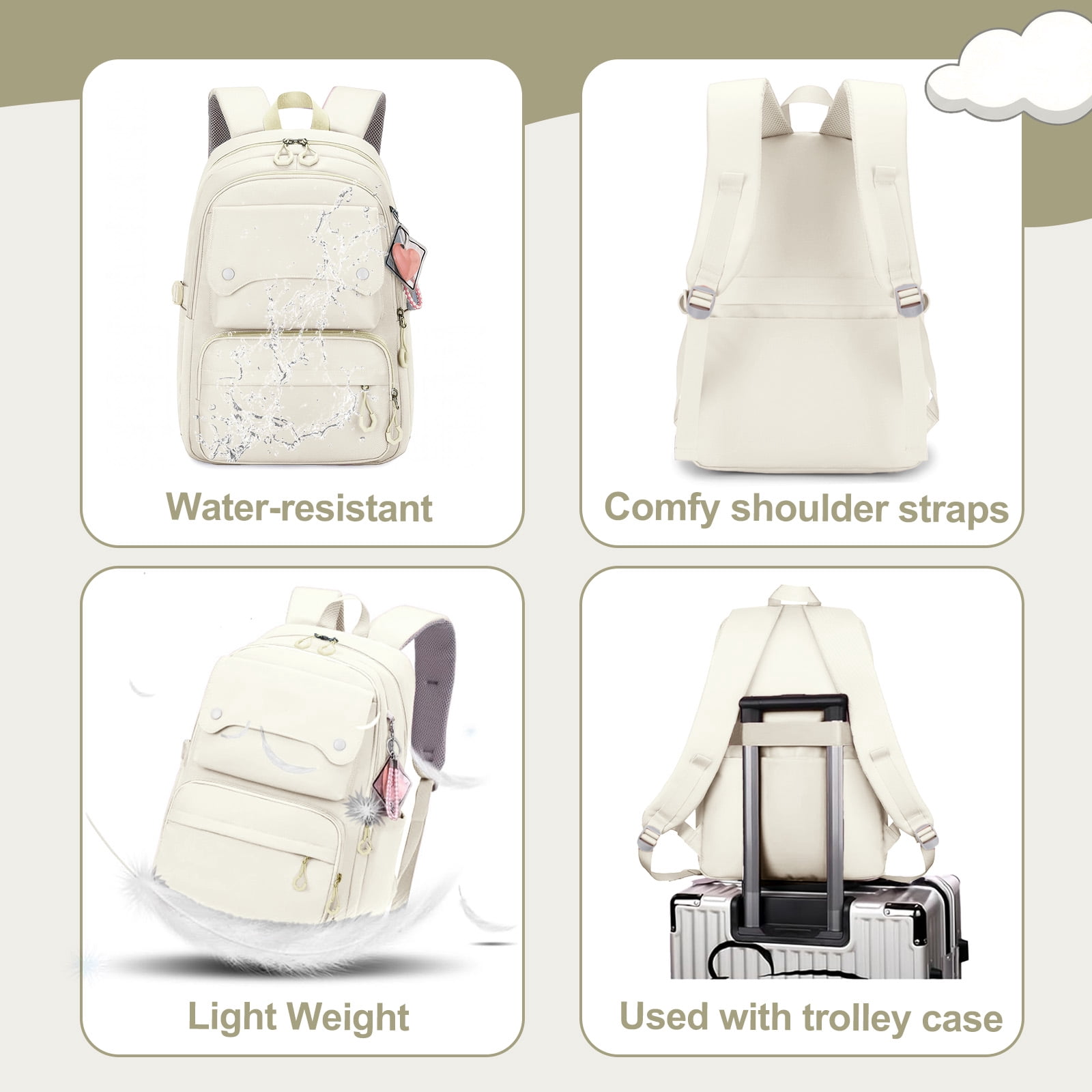 Inadays School Backpack, Large Capacity Bookbag for 15.6 Inch Laptop, Water-Resistant Cute Girlish Backpacks for Teen Adults Tween, Lightweight Travel Daypack for Primary Middle School College