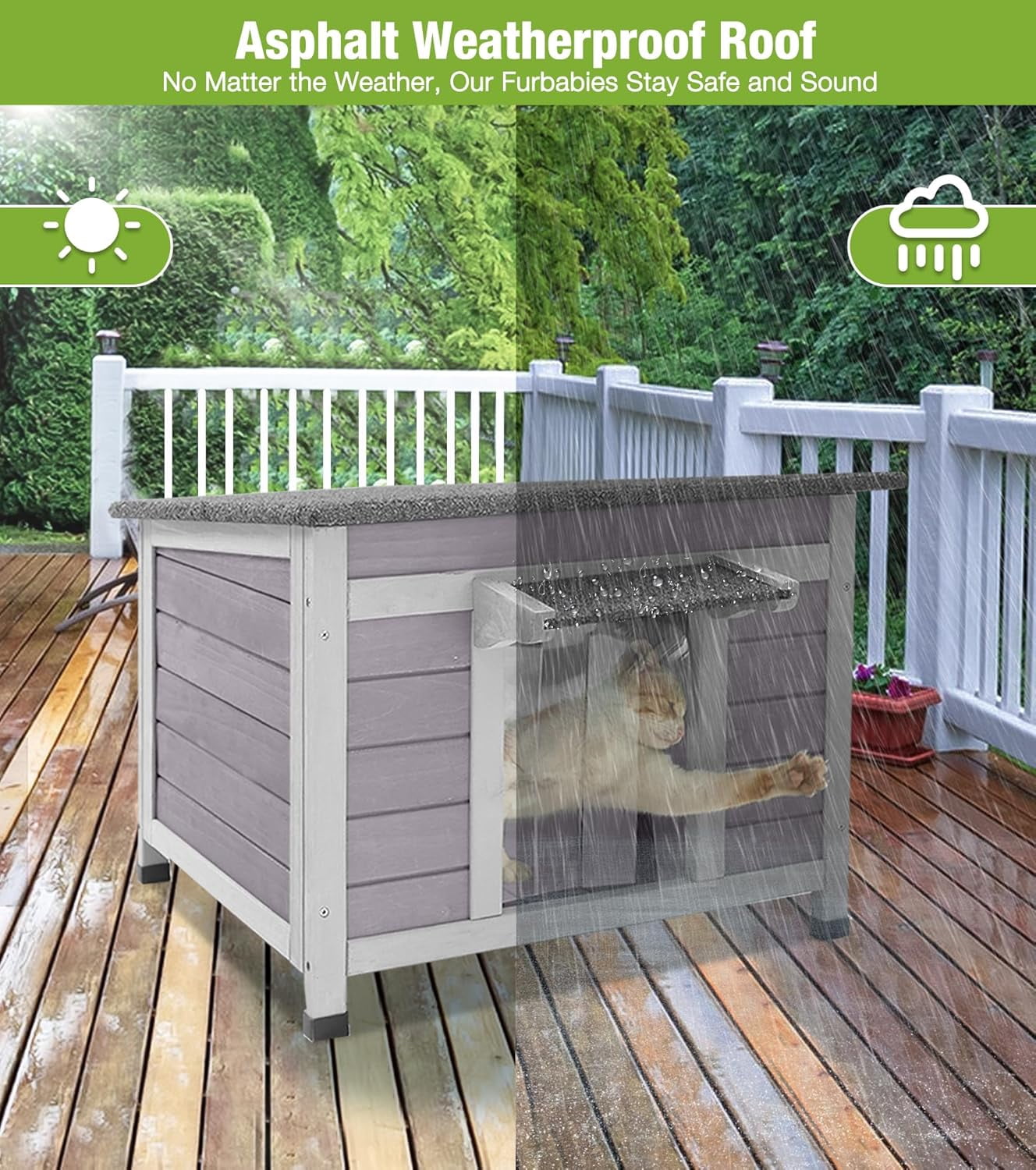 MEDEHOO Outdoor Cat House Weatherproof, Feral Cat House with Asphalt Roof, PVC Curtains & Raised Base, Easy To Clean