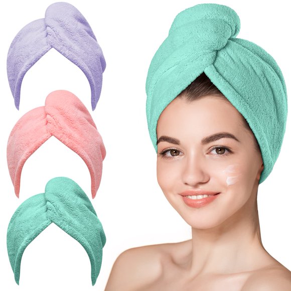 Hicober Microfiber Hair Towel, 3 Turbans pour Cheveux Mouillés, Serviettes de Séchage pour Cheveux Bouclés Femmes Anti-Frisottis (Rose, Violet, Vert)