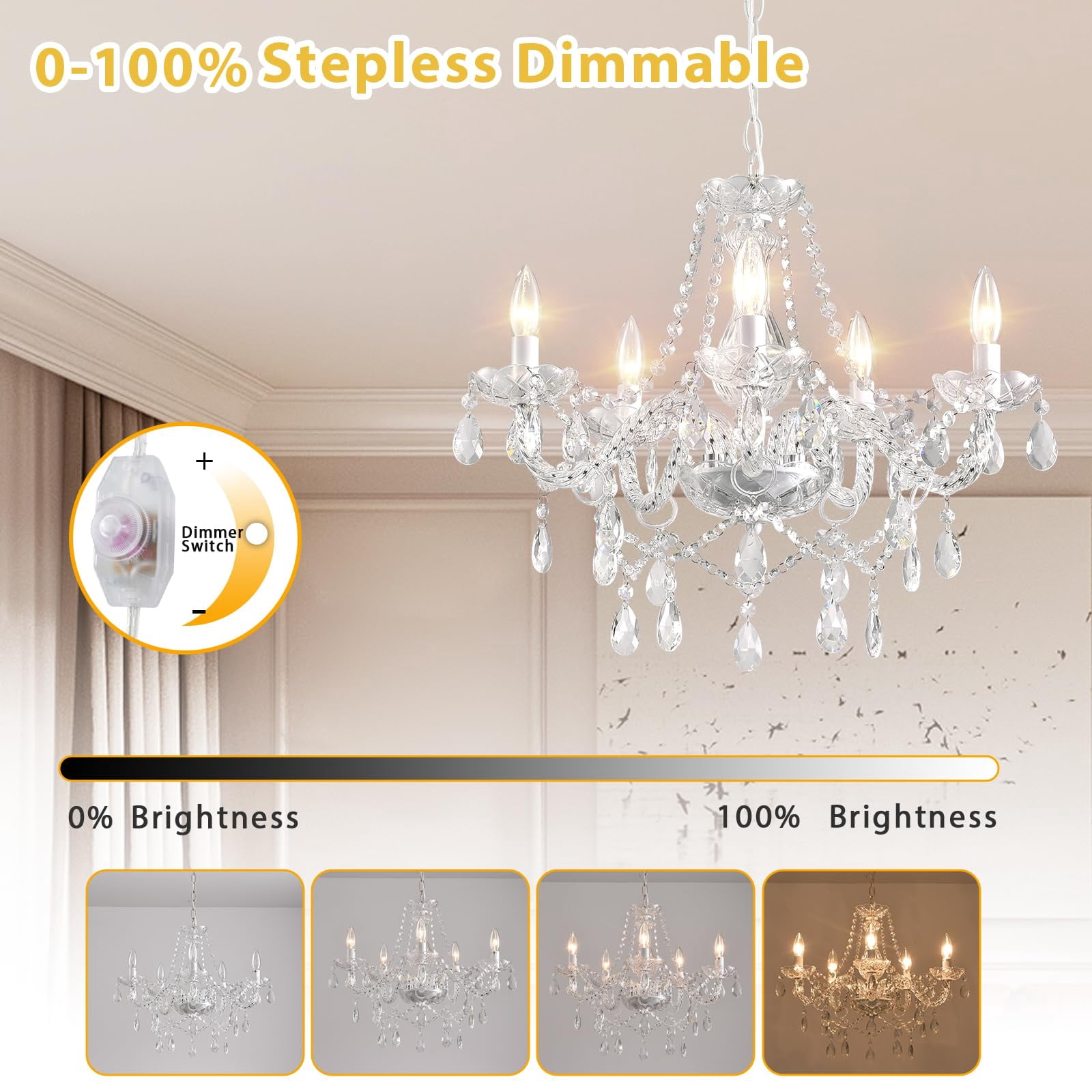 DIMMABLE Plug-in Glass Chandelier 5 Light Crystal, White Hanging Pendant Light Fixture with Cord, Classic Vintage K9 Crystals Beads for Girls' Room Dining Area
