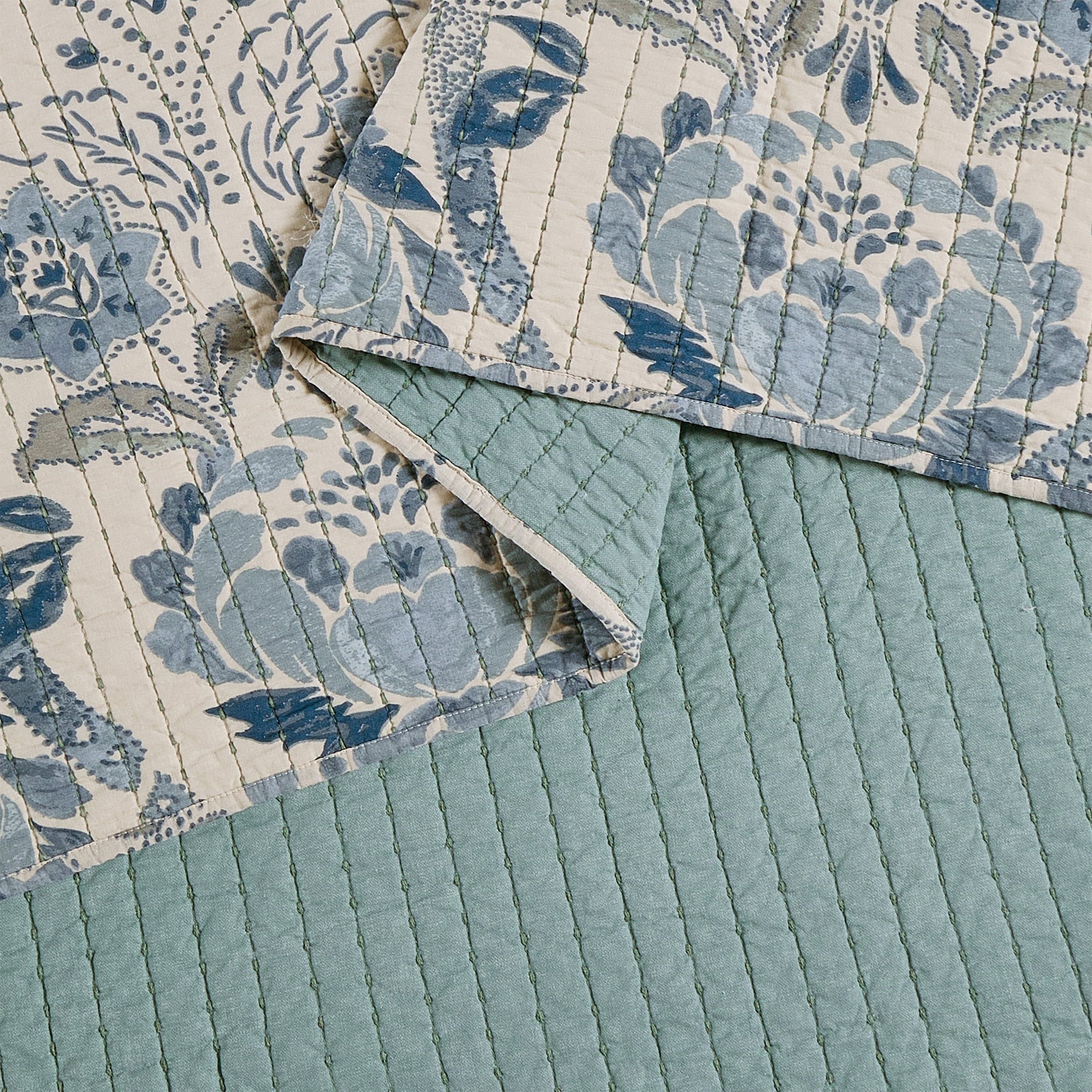Spartina 449 Mystic Moss 3-Piece Cotton Damask Quilt Set, Full/Queen