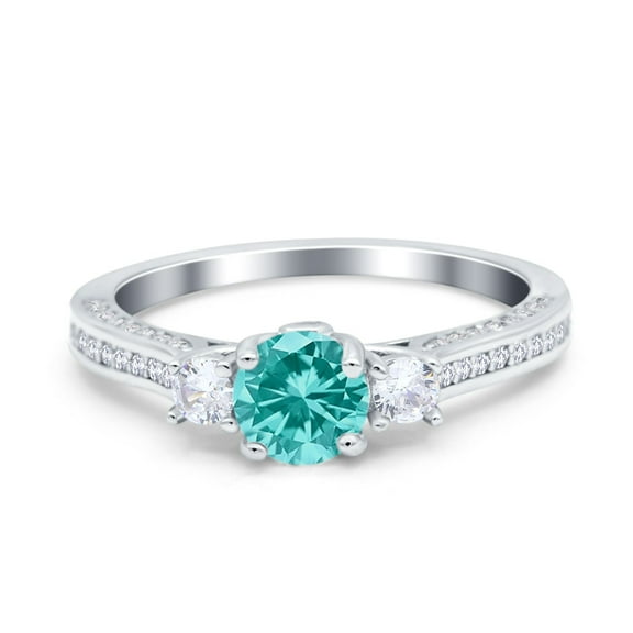 Three Stone Round Ring Paraiba Tourmaline CZ 925 Sterling Silver Size 8