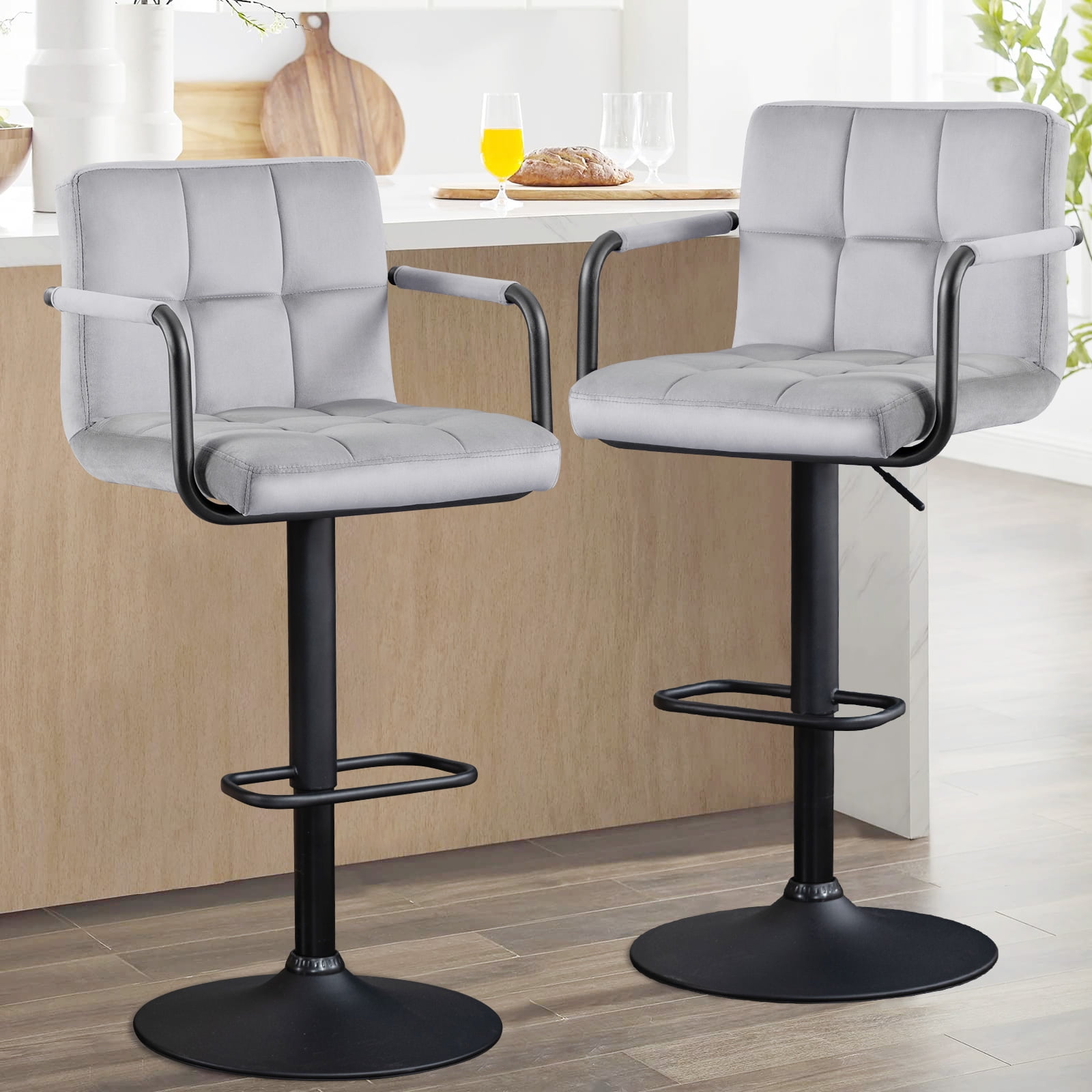 Grey Adjustable Bar Stool Swivel Barstools Set of 2 Upholstered Bar