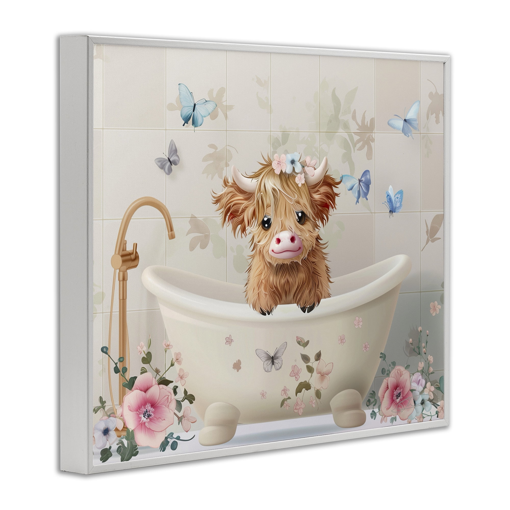 Baby Cattle in Floral Tub White Framed Giclee Art, design by Shawna Stewart