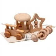 Wooden Baby Toys Montessori Toys Set Wooden Rattles Grasping Toys Wood Ring 4pcs, Truck Toy Set