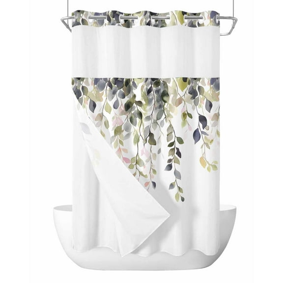 No Hook Cloth Fabric Shower Curtain with Snap in Liner, Sage Green Leaves Waterproof Shower Curtains Set with See Through Top Window, Farmhouse Eucalyptus Branch Vines Bath Curtains Shower 36"x72"