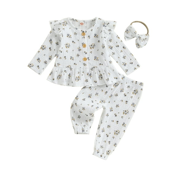 Bagilaanoe 3pcs Baby Girl Pants Set Toddler Long Sleeve Floral Tops   Leggings   Headband 6M 12M 18M 24M 3T Kids Fall Casual Clothes