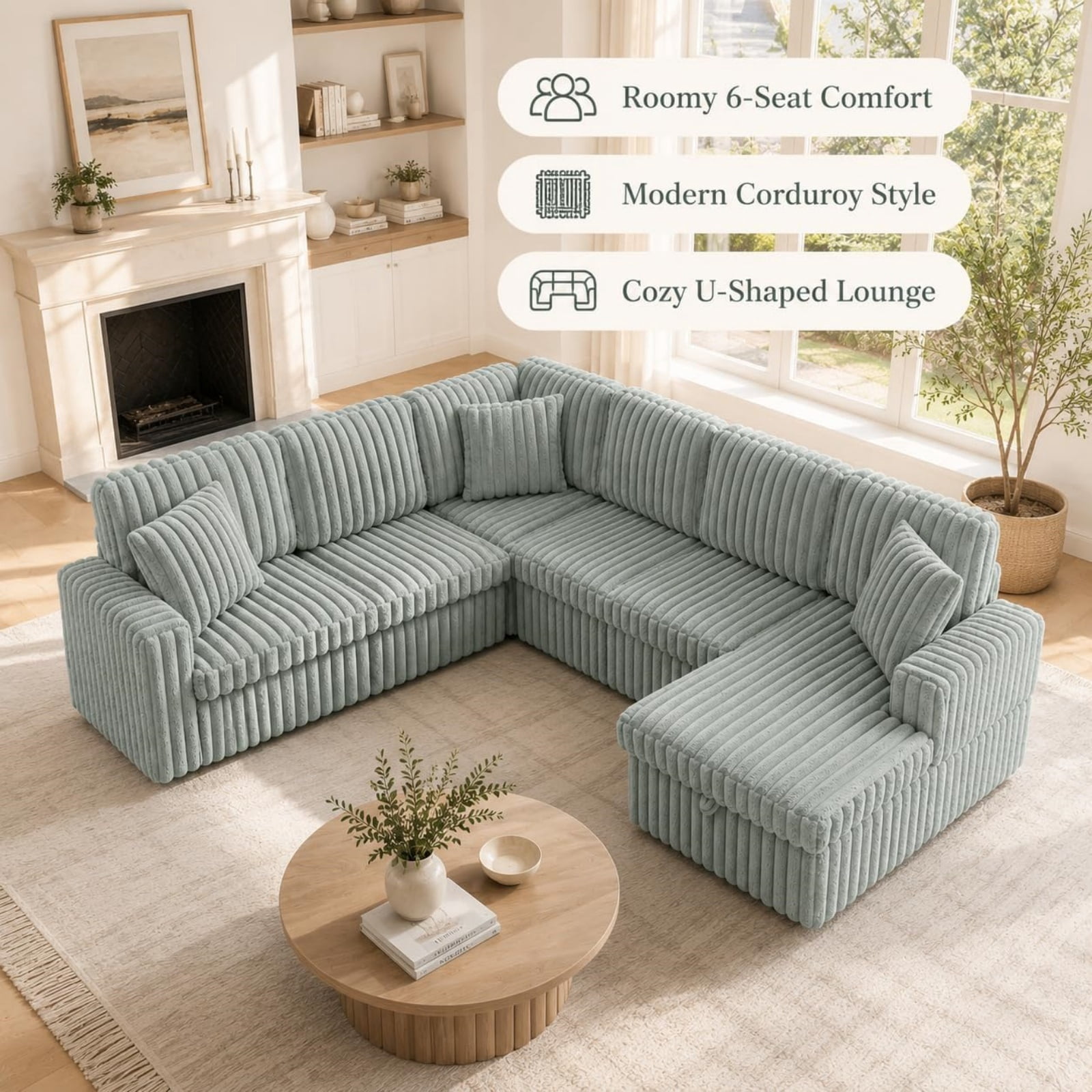 Corduroy U-shaped Sectional Sofa, Modern Minimalist Modular Couch with Pull-Out Sleeper Bed and Storage Chaise, Soft Fabric Convertible Sofa for Living Room, Apartment