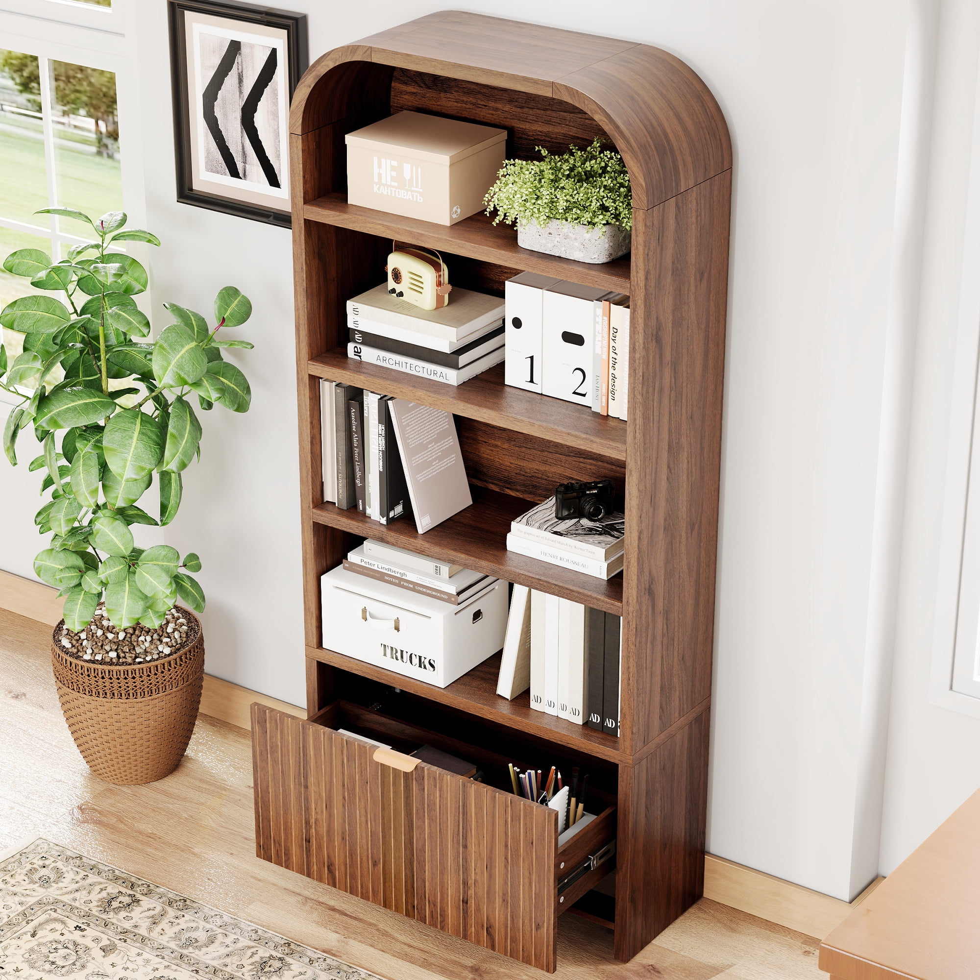 YOCWO 70" Tall Arched Bookcases with 1 Large Drawers & 4 Shelves, Wooden Bookshelf with Carved Line and Curved Top for Living Room Office, Walnut