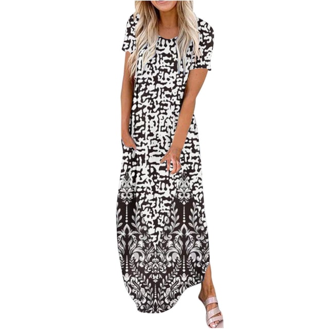 Robes Maxi d'Été pour Femmes Manches Courtes Col Rond Décontracté Coupe Ample Longue Robe de Plage T-Shirts Robe avec Poches
