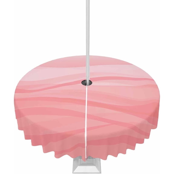 Outdoor Round Tablecloth with Umbrella Hole and Zipper, Pink Ombre Water Ripple Waterproof Table Cover Farmhouse Stripes Washable Patio Tablecloths for Party/Garden/Picnic, 60 inch
