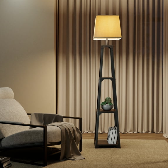 Floor Lamp with Shelves, Standing Reading Lamp with Lamp Shade for Living Room, Bedroom, Metal Legs, Matt Black