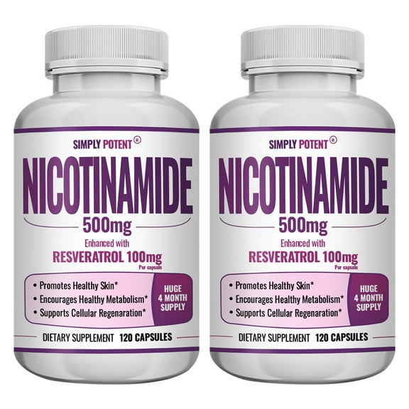 Simply Potents Nicotinamide 500mg with Resveratrol 100mg, 120 Veggie Capsules - Supports Metabolism, Immune Health