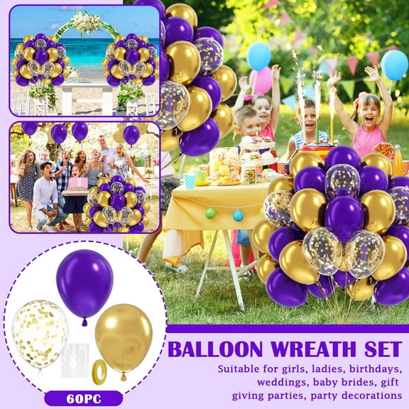 Purple & Gold Balloons, 60 12 Inch Purple Chrome Gold & Confetti Balloons For Wedding Graduate Day Party Decoration