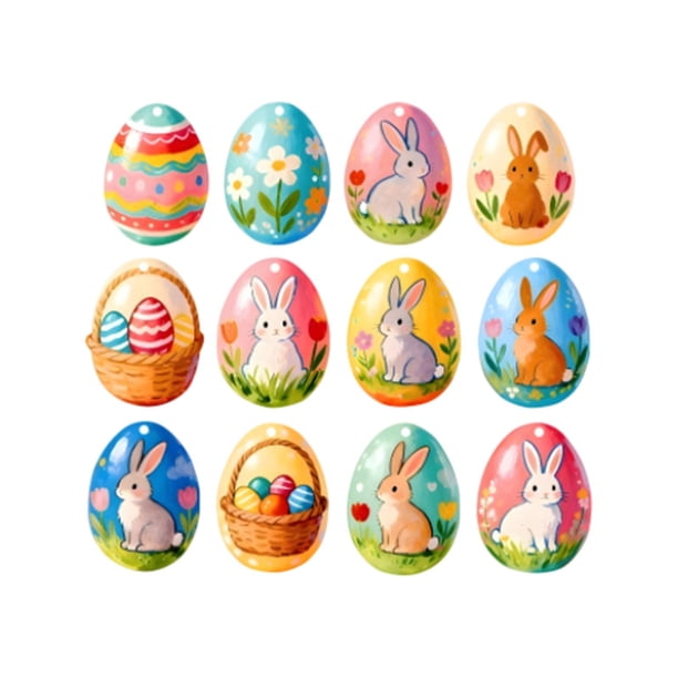 Decoraciones de Pascua para el Hogar 12Pcs Lindo Conejo de Pascua Huevo de Pascua Colgando Ornamento 2D Plato Ornamento Llavero Colgante Pequeño para Coche Retrovisor Espejo O Mochila