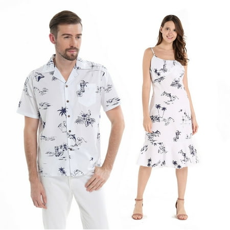 Couple Matching Hawaiian Luau Cruise Outfit Shirt Dress Classic Map White Flamingo Men S Women M