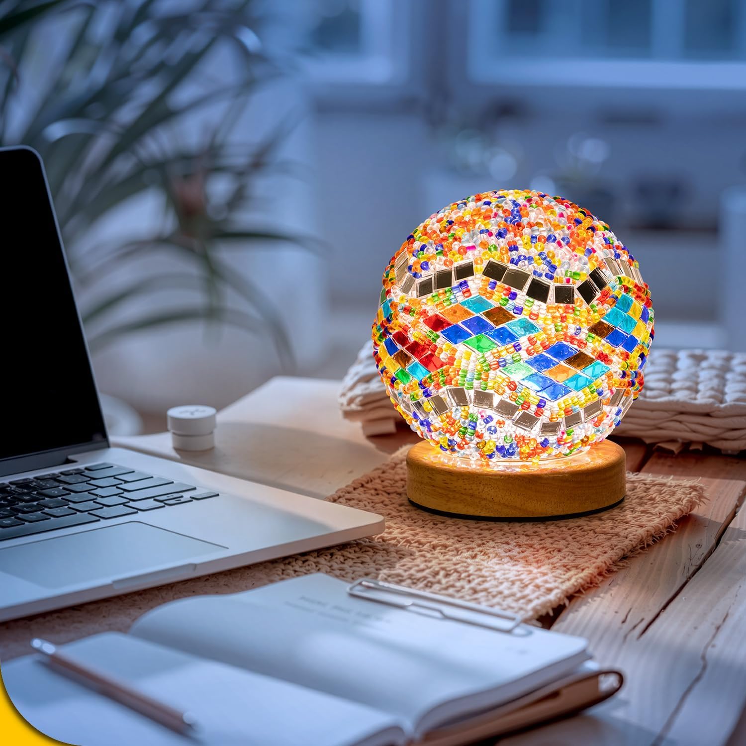 Turkish Table lamp,Mosaic Glass Lamps with Wooden Base, Bohemian Tiffany Bedside Lamps, USB Power Moroccan Lantern for Living Room Decorations(D:4.7" x H:5.2")